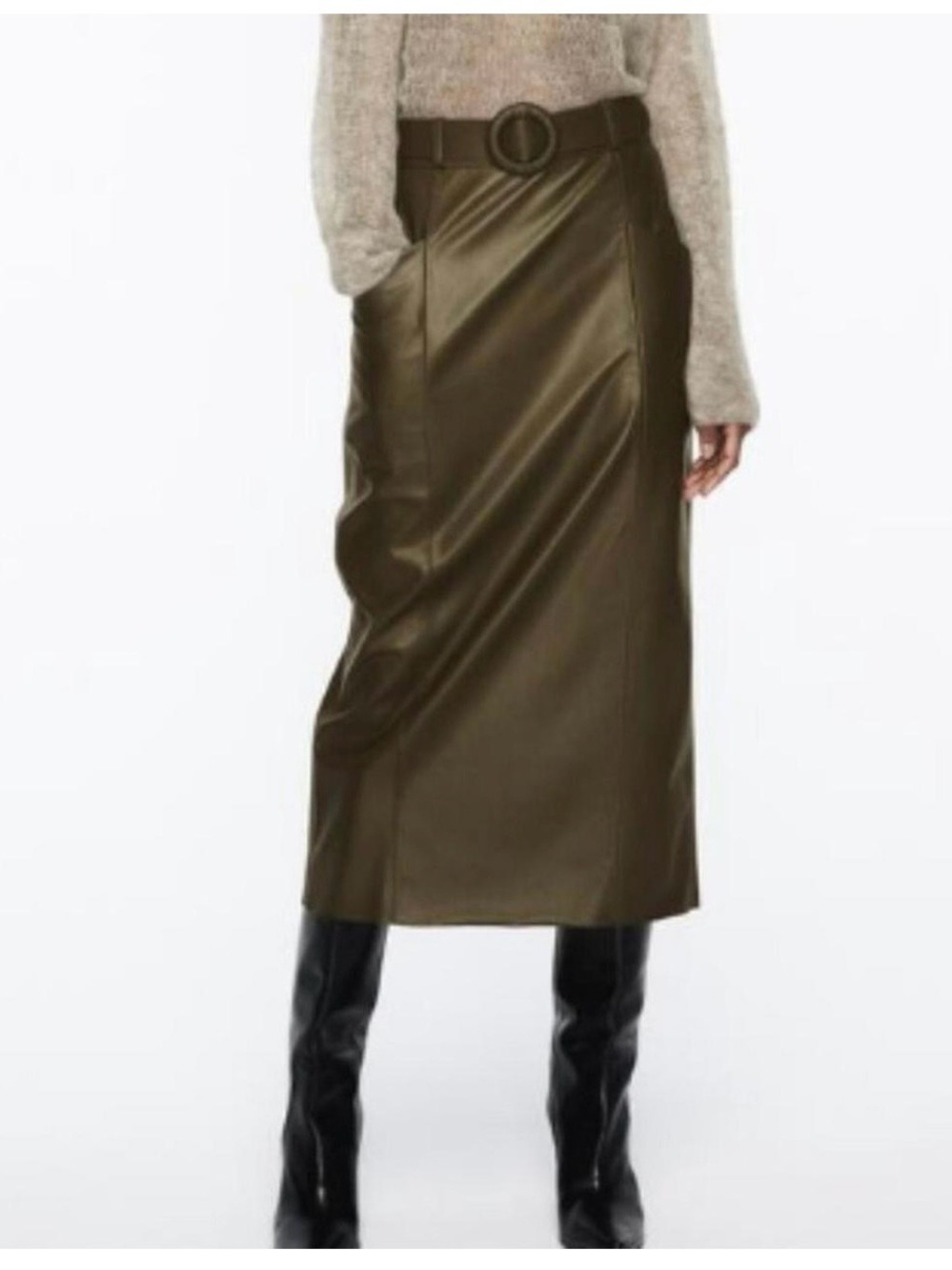 Zara Olive Green Faux Leather Midi Skirt with Belt Sz Medium